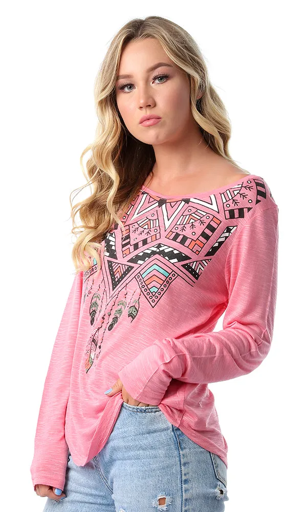 54198 New Print Crew Neck Long Sleeves Coral Top