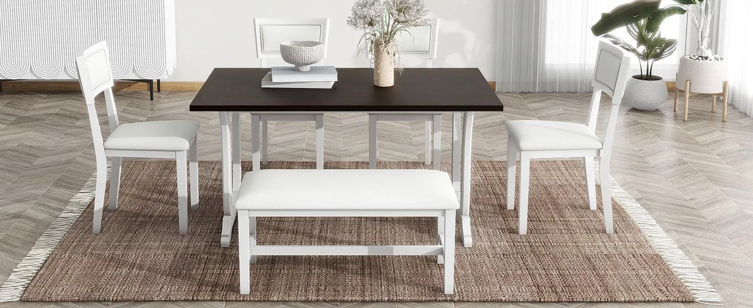 6-Piece Farmhouse Dining Set, 59" Trestle Table, Upholstered Chairs & Bench, White