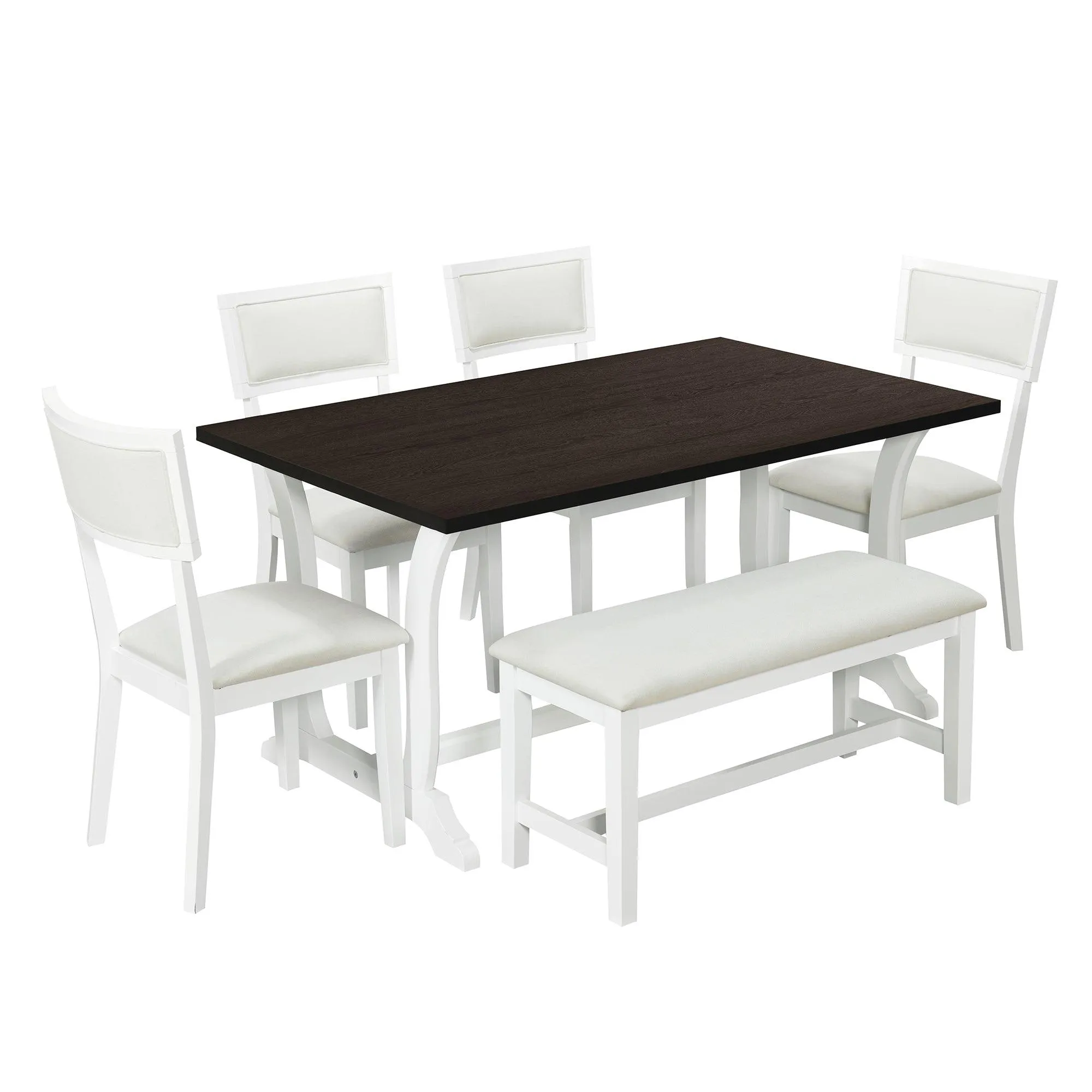 6-Piece Farmhouse Dining Set, 59" Trestle Table, Upholstered Chairs & Bench, White