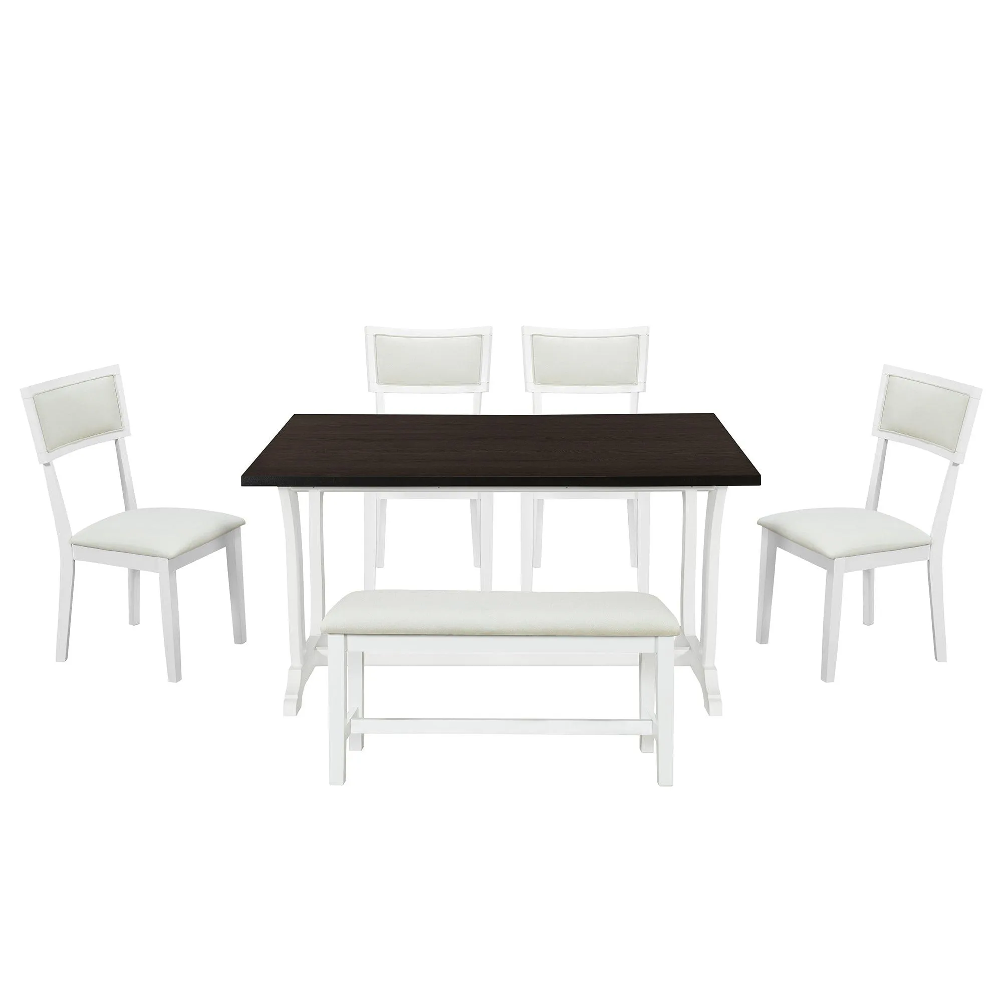 6-Piece Farmhouse Dining Set, 59" Trestle Table, Upholstered Chairs & Bench, White