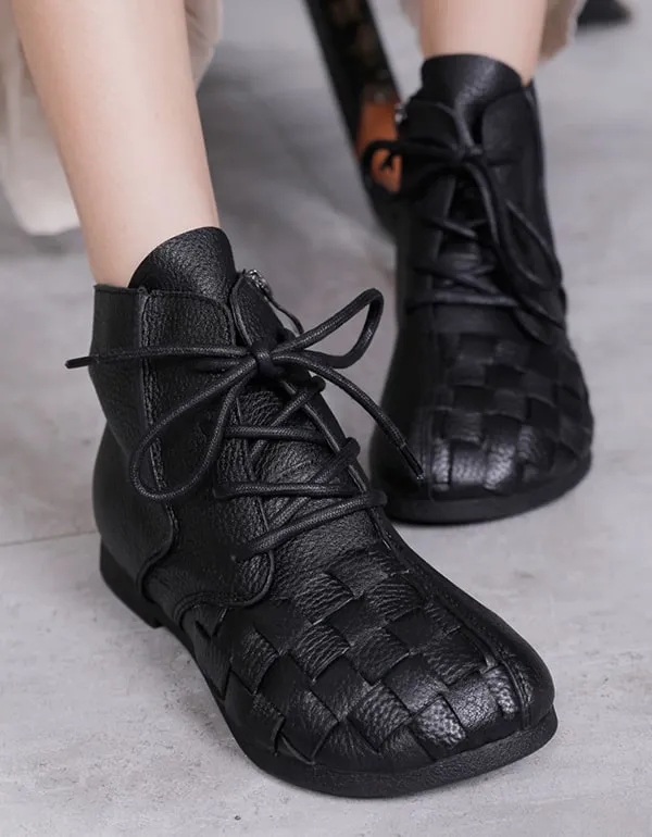 Autumn winter Handmade Retro Leather Woven Ankle Boots