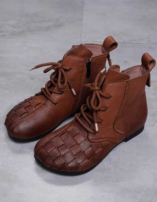 Autumn winter Handmade Retro Leather Woven Ankle Boots