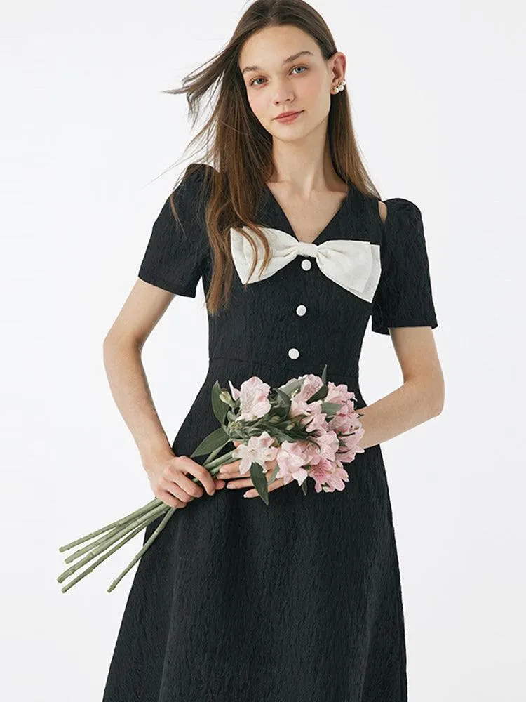 Black Detachable Bowknot Jacquard High Waist Dress