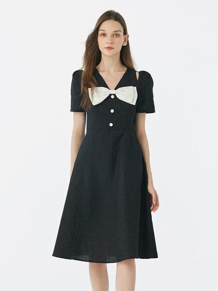 Black Detachable Bowknot Jacquard High Waist Dress