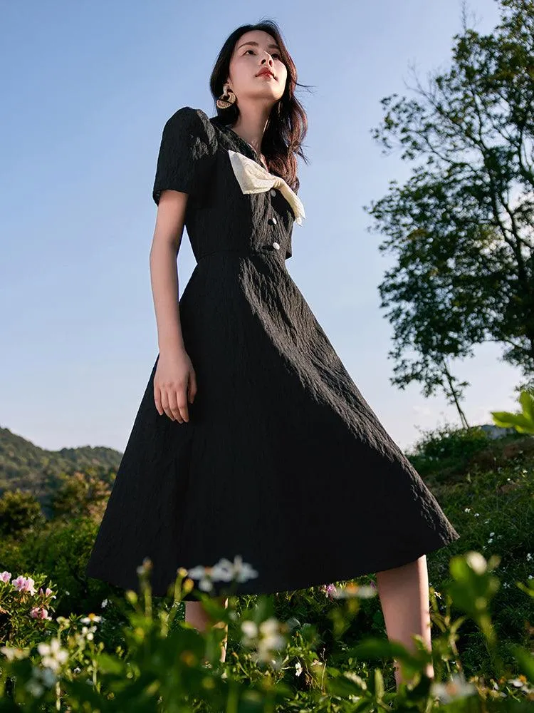 Black Detachable Bowknot Jacquard High Waist Dress