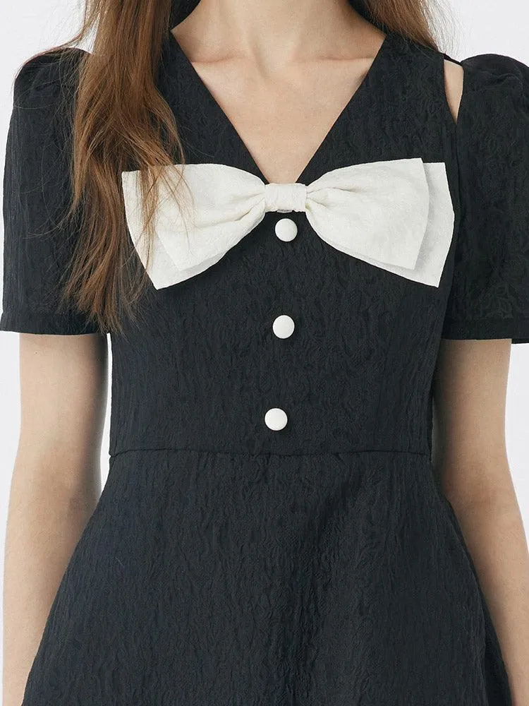 Black Detachable Bowknot Jacquard High Waist Dress