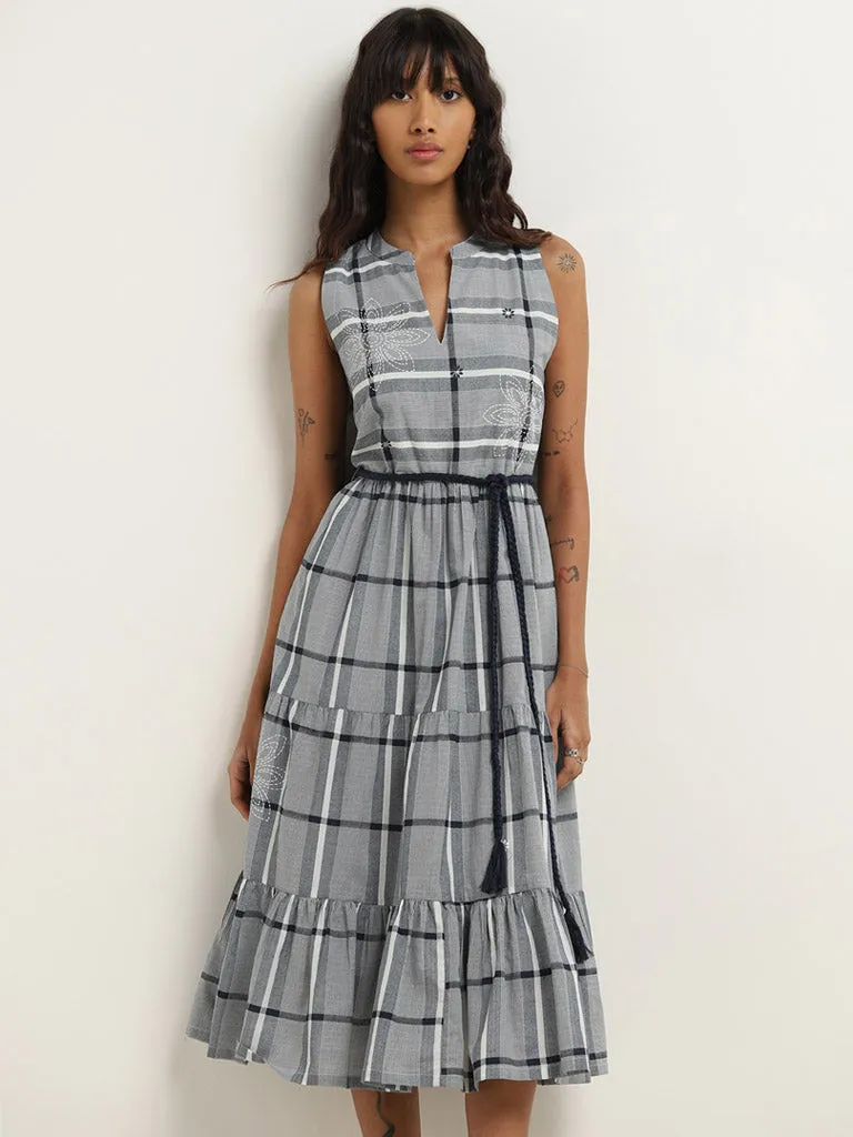 Bombay Paisley Blue Checks Design Tiered Cotton Dress with Belt