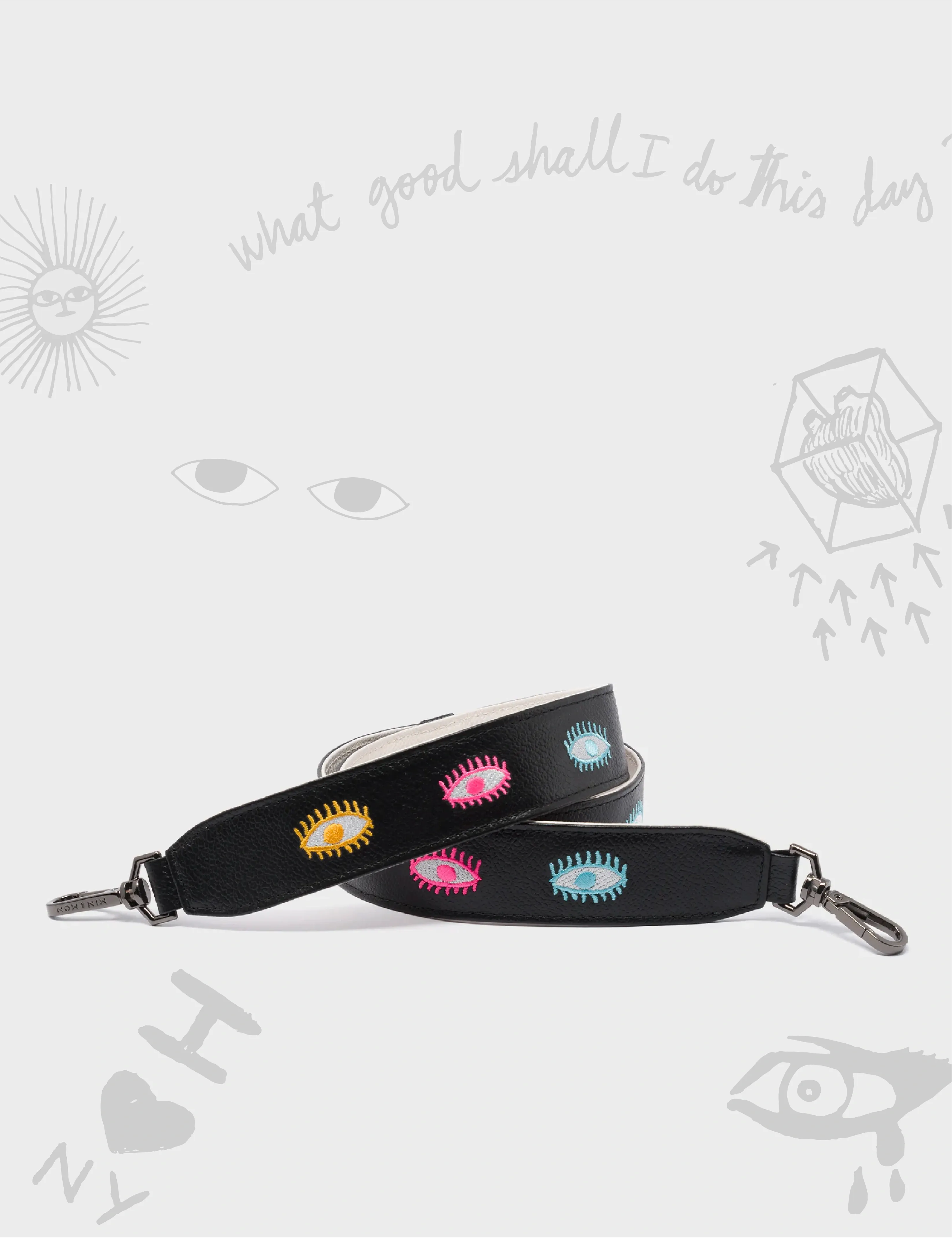 Detachable Black Leather Shoulder Strap - Colorful Eyes Embroidery