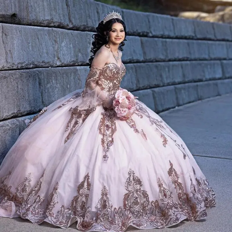 Elegant Quinceañera Dress: Detachable Sleeves & Sequin Applique