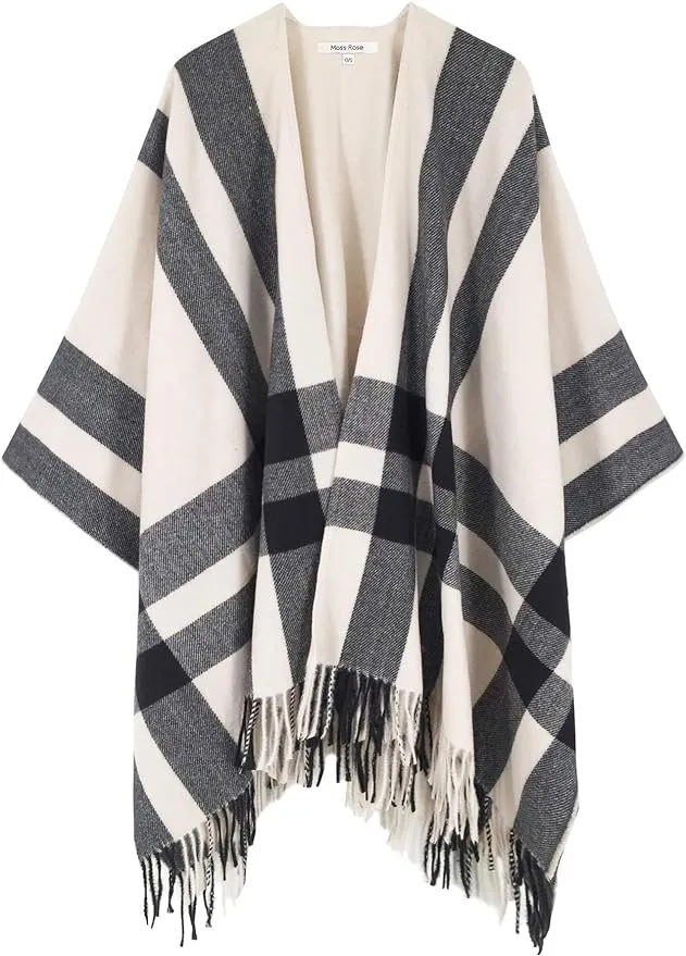 Fringe Jumbo Wool Plaid - Beige, Grey & Black