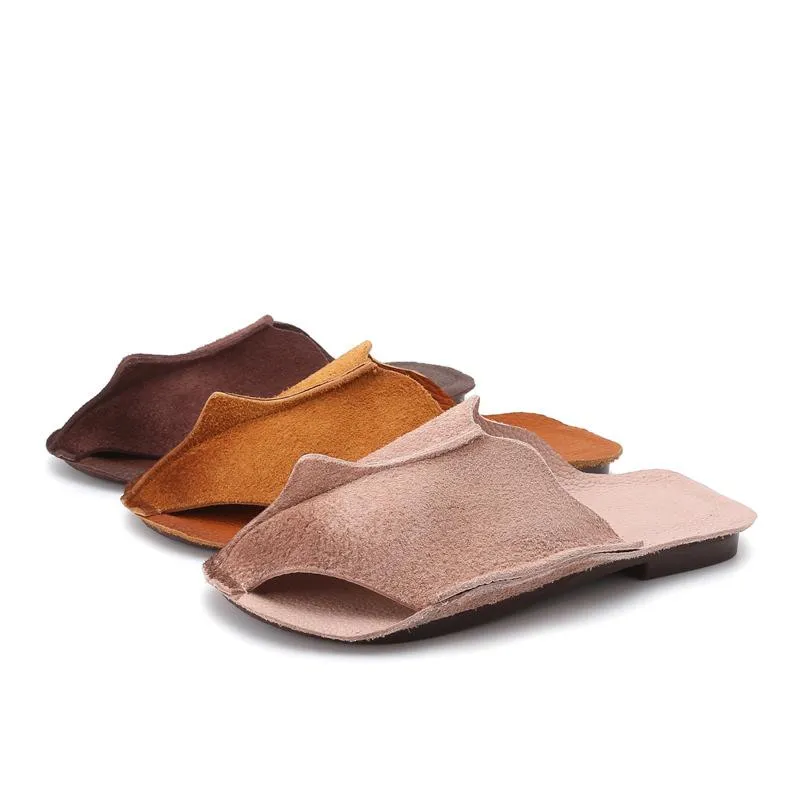 Handmade Hollow Out Retro Leather Mules Women Slippers Mori Girl Flat Casual Summer Slippers Coffee/Wine Red/Khaki