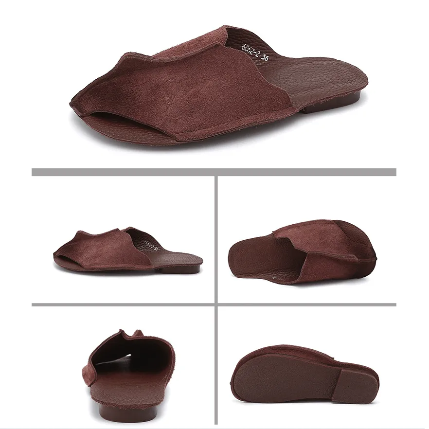 Handmade Hollow Out Retro Leather Mules Women Slippers Mori Girl Flat Casual Summer Slippers Coffee/Wine Red/Khaki