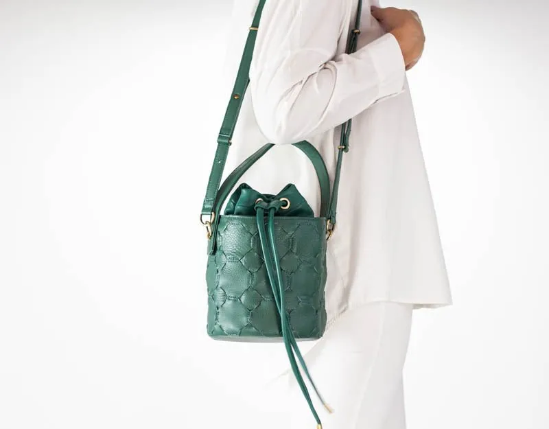 Helon mini bucket bag - Handwoven petrol green leather