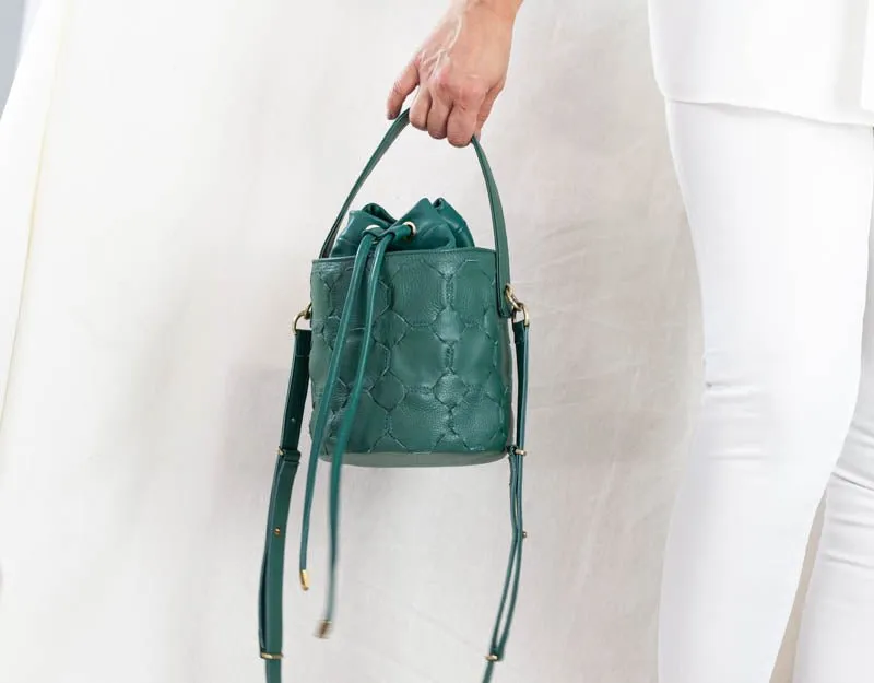 Helon mini bucket bag - Handwoven petrol green leather