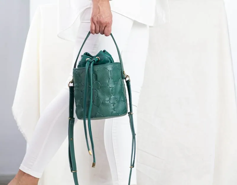 Helon mini bucket bag - Handwoven petrol green leather