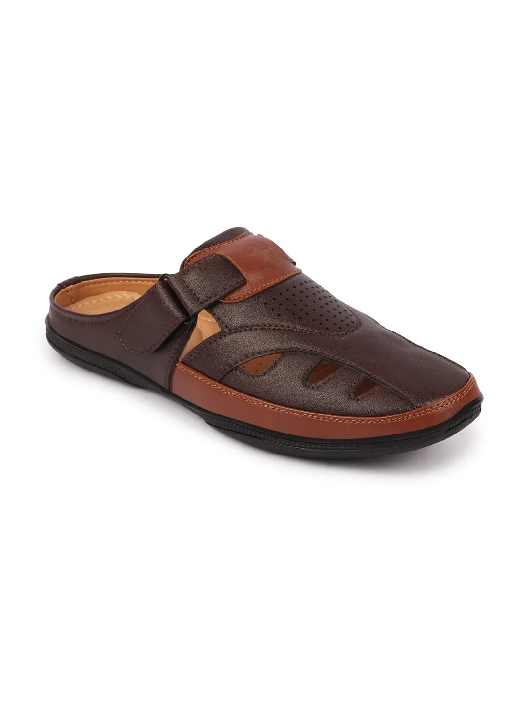 Men Brown Back Open Laser Cut Design Slip On Sandal with Ankle Strap