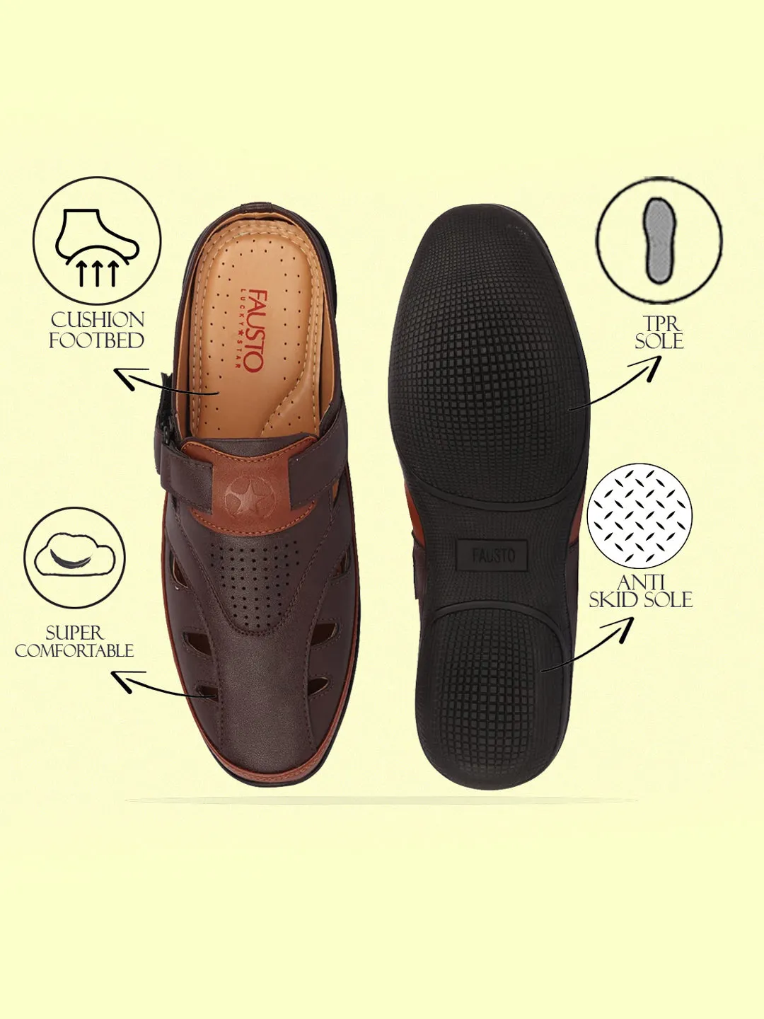 Men Brown Back Open Laser Cut Design Slip On Sandal with Ankle Strap