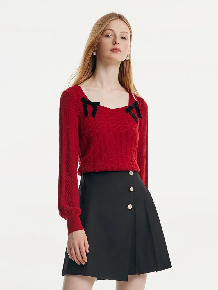 Tencel And Woolen Women Sweater With Detachable Bowknots