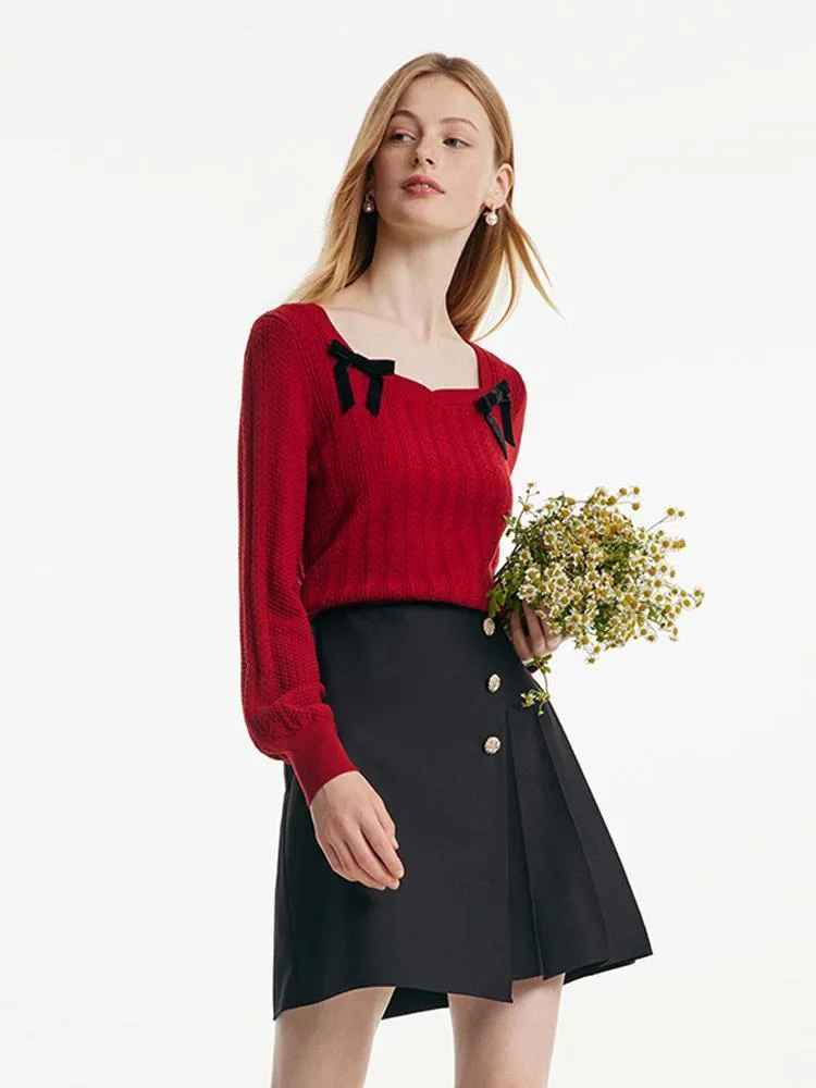 Tencel And Woolen Women Sweater With Detachable Bowknots