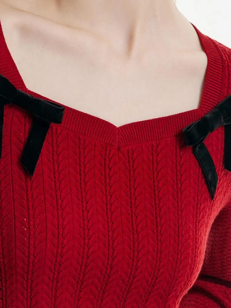 Tencel And Woolen Women Sweater With Detachable Bowknots