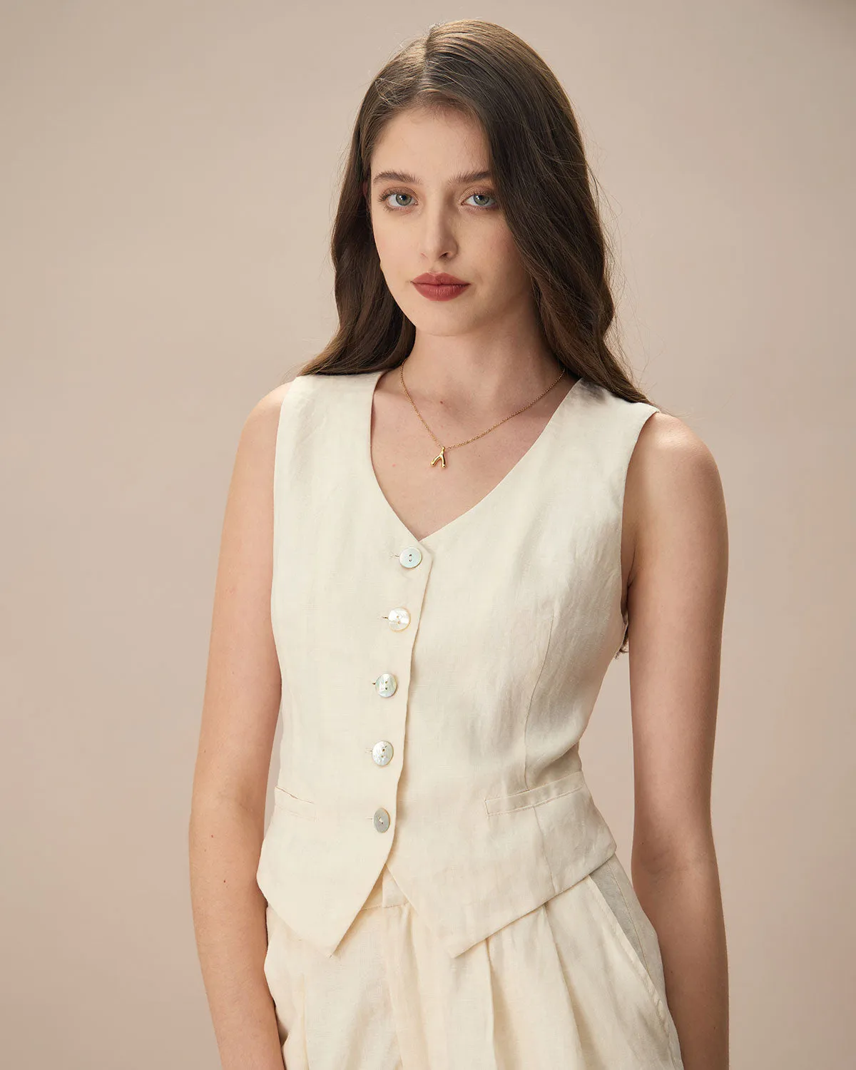 The Apricot V Neck Button-Up Linen Vest