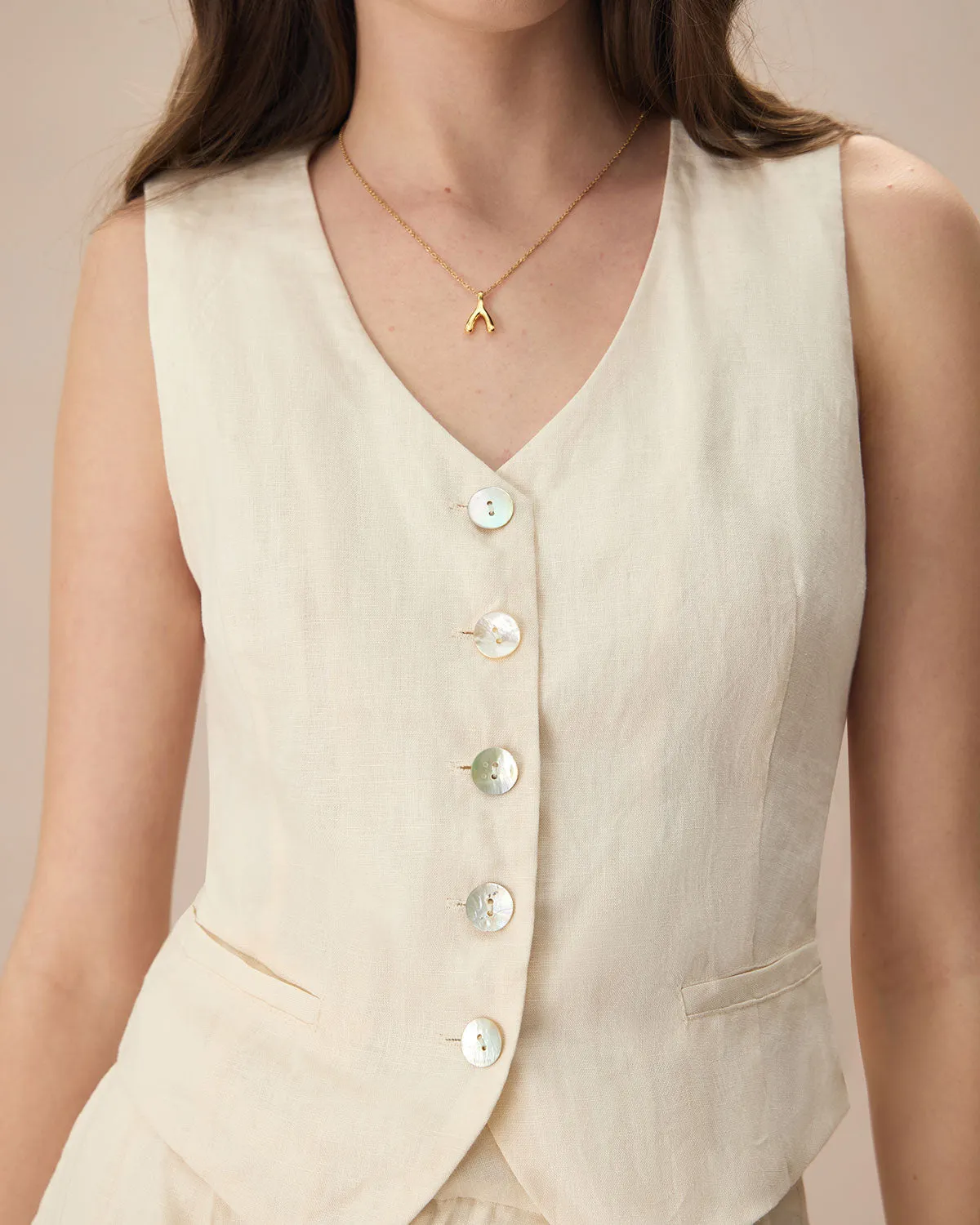 The Apricot V Neck Button-Up Linen Vest