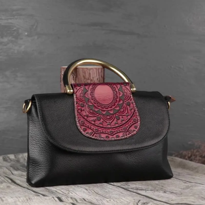 Vintage Full Grain Leather Flower Handbag, Retro Boho Chic Women's Handbag, Fashionable Small Bags, Special Gift For Her