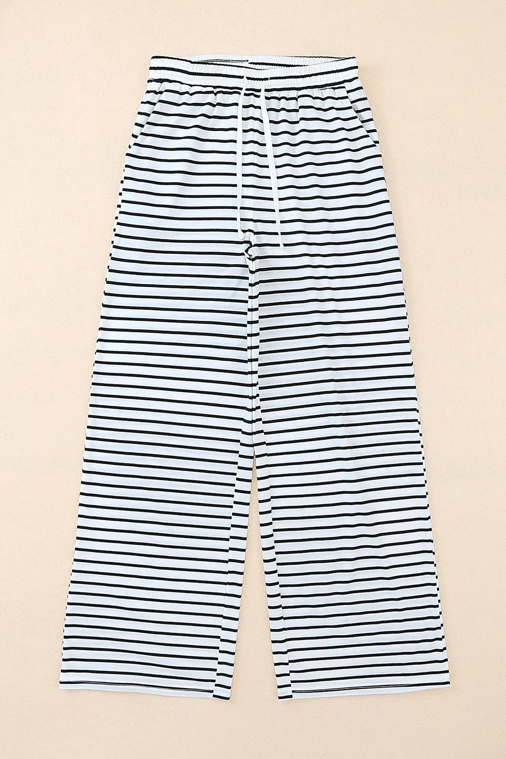 White Drawstring Striped Wide Leg Pants