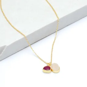 White Druzy & Cherry Ruby Double Pendant Necklace, 18” - Gold Plated