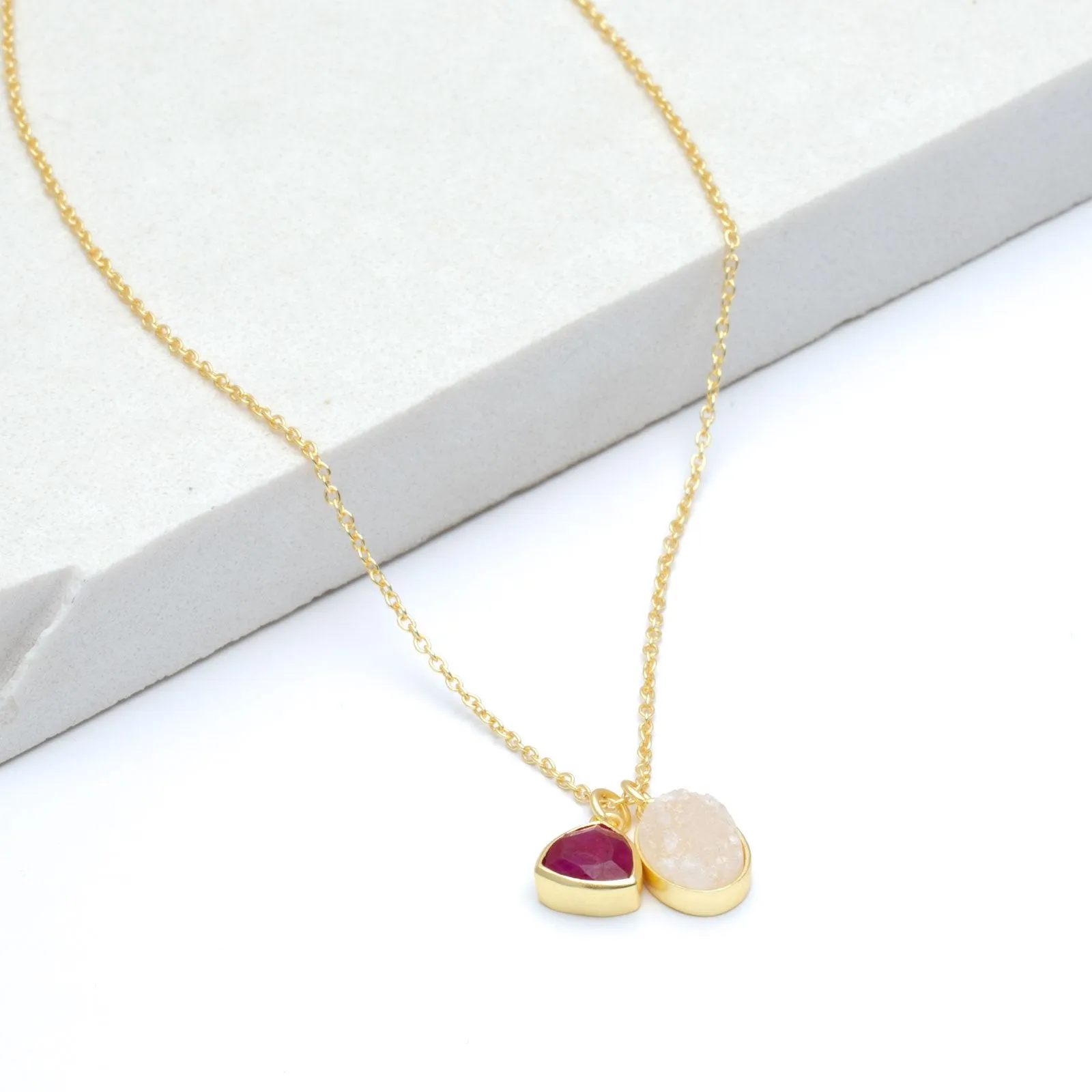 White Druzy & Cherry Ruby Double Pendant Necklace, 18” - Gold Plated