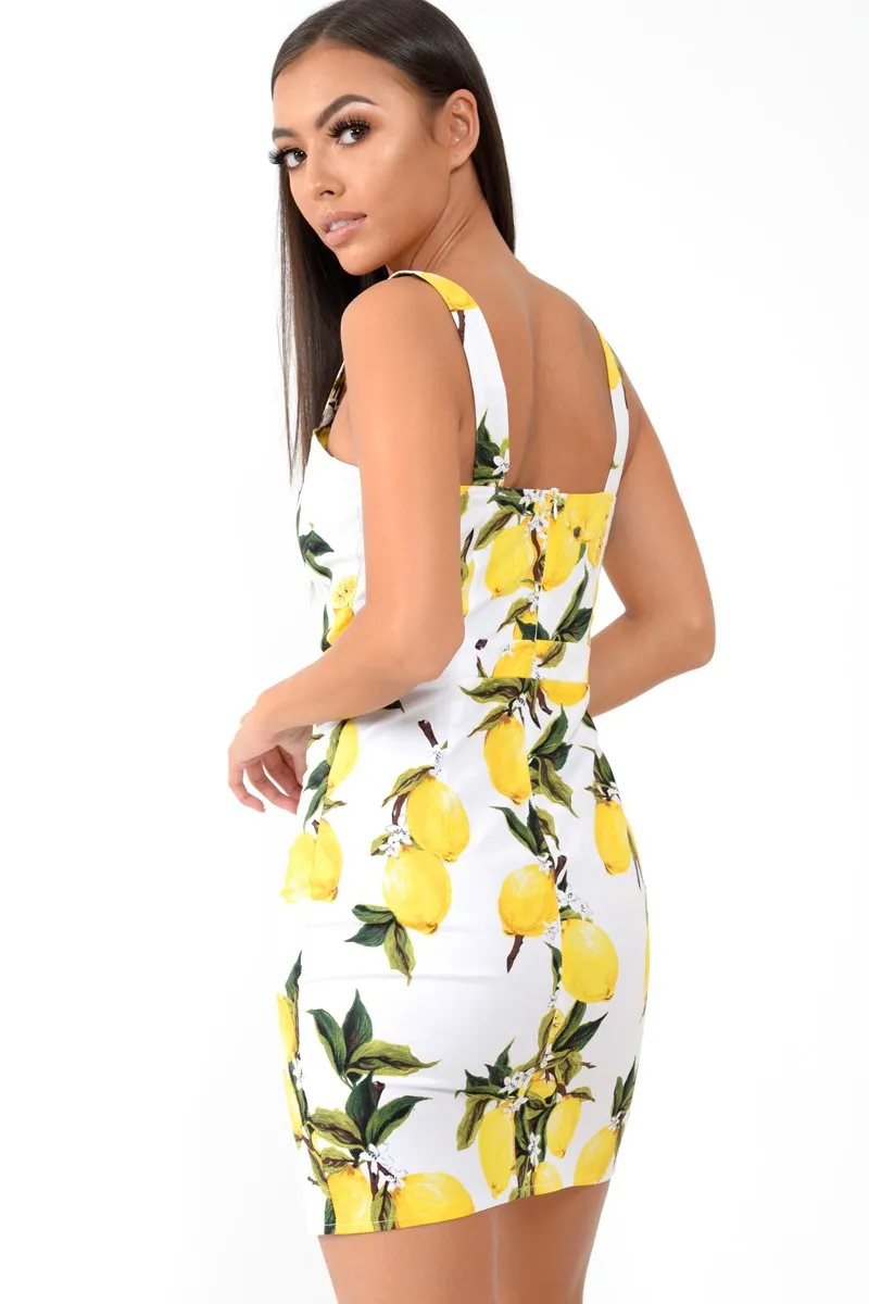 White Lemon Print Button Front Woven Mini Dress - Emillie