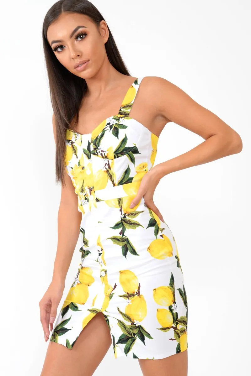 White Lemon Print Button Front Woven Mini Dress - Emillie