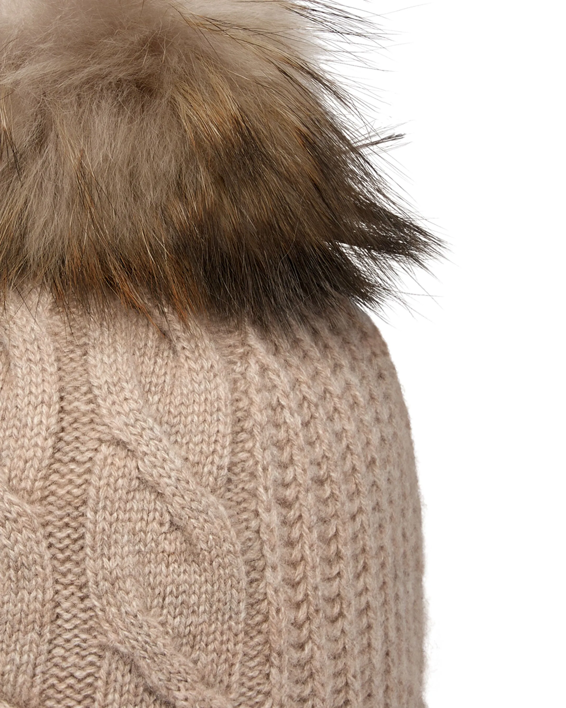 Women's Cable Cashmere Hat With Fur Pom Oatmeal Brown