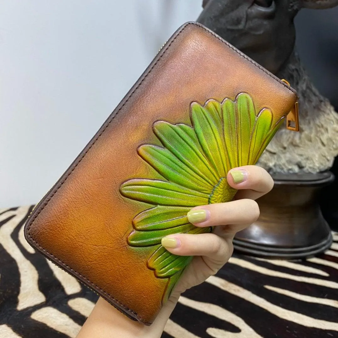 Women's wallet, leather wallet, flower clutch, mothers day gift, flower embossed wallet, long wallet, zipper wallet, women wallet, gifts